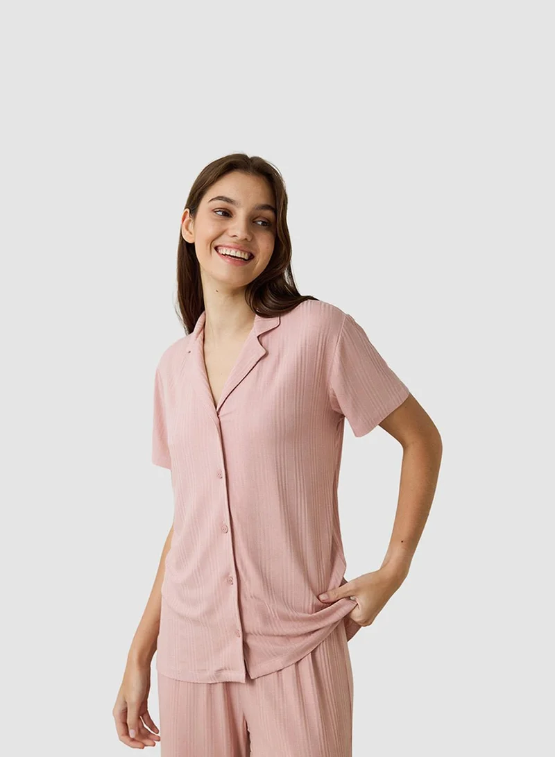 بنتي Emma Ribbed Shirt Collar Short Sleeve Pajama Set